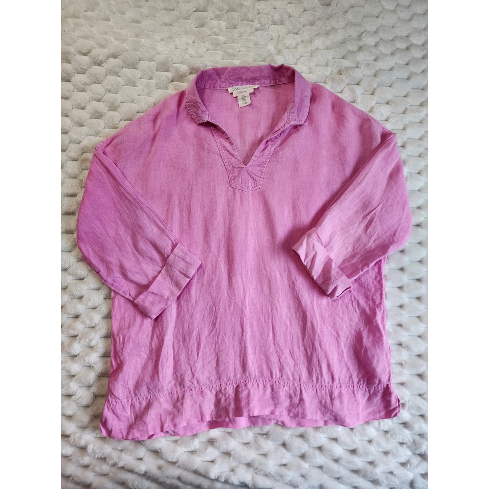 C & C California Women's Linen Top Pink 3/4 Sleeve Pullover‎ Casual Blouse M
